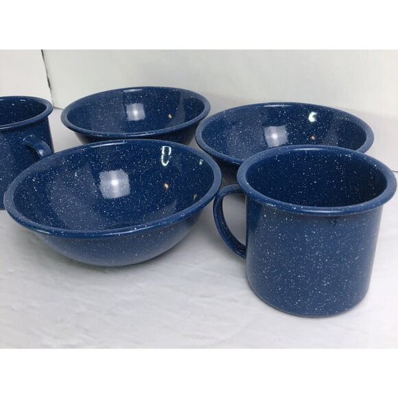 Enamelware Blue White Speckle Metal Outdoors Camping RV Cowboy 3 Bowls & 2 Cups - Picture 2 of 13